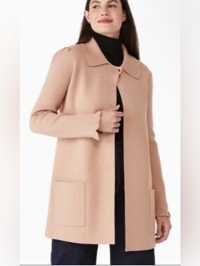 Kate Spade Ruffle Long Knit Sweater Blazer featuring a single button beige tan